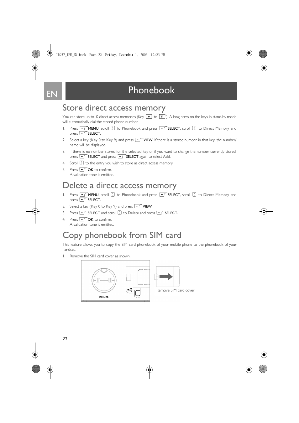 Phonebook, Copy phonebook from sim card | Philips ID937 User Manual | Page 22 / 63