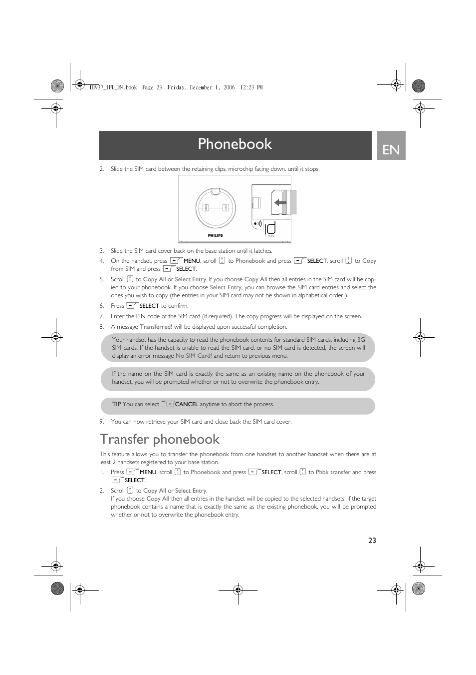 Phonebook, Transfer phonebook | Philips ID937 User Manual | Page 23 / 63