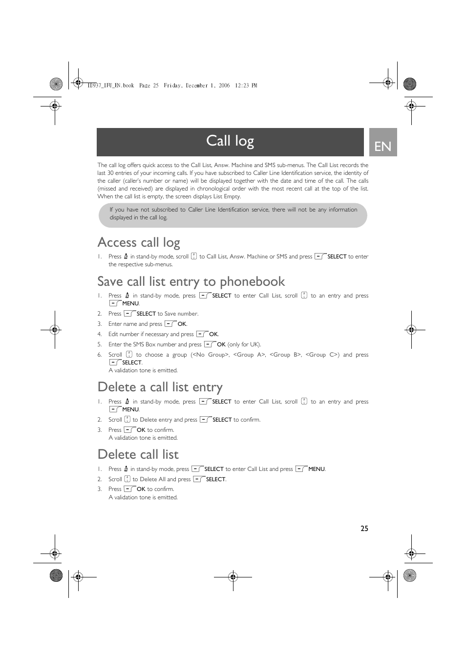 Call log, Access call log, Save call list entry to phonebook | Delete a call list entry, Delete call list | Philips ID937 User Manual | Page 25 / 63