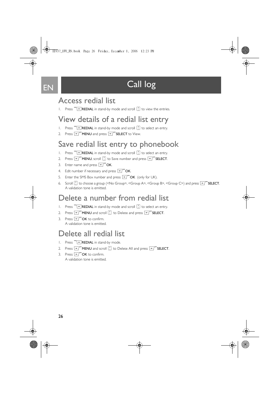 Call log, Access redial list, View details of a redial list entry | Save redial list entry to phonebook, Delete a number from redial list, Delete all redial list | Philips ID937 User Manual | Page 26 / 63