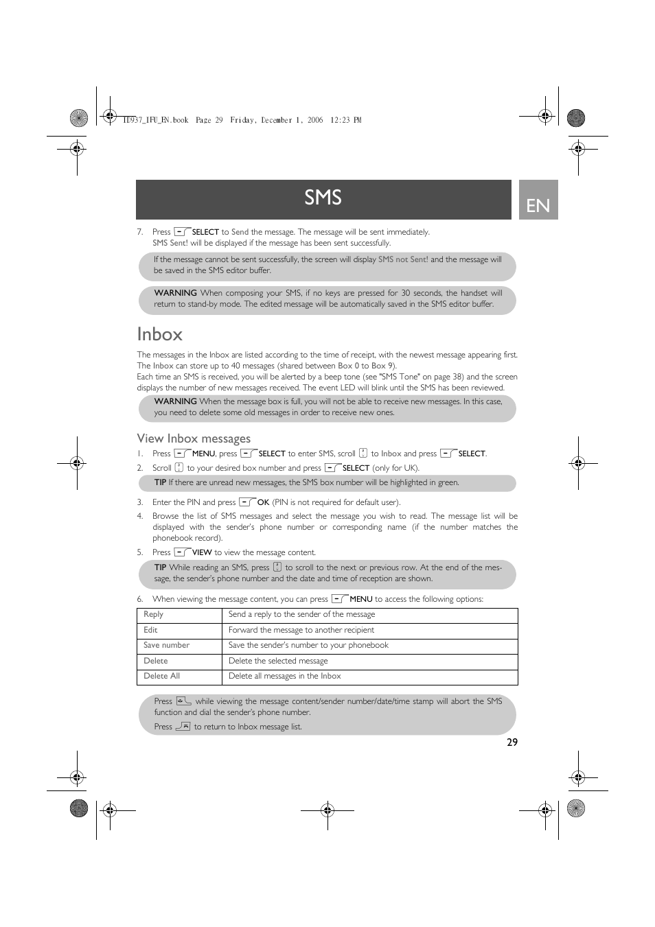 Inbox, View inbox messages | Philips ID937 User Manual | Page 29 / 63