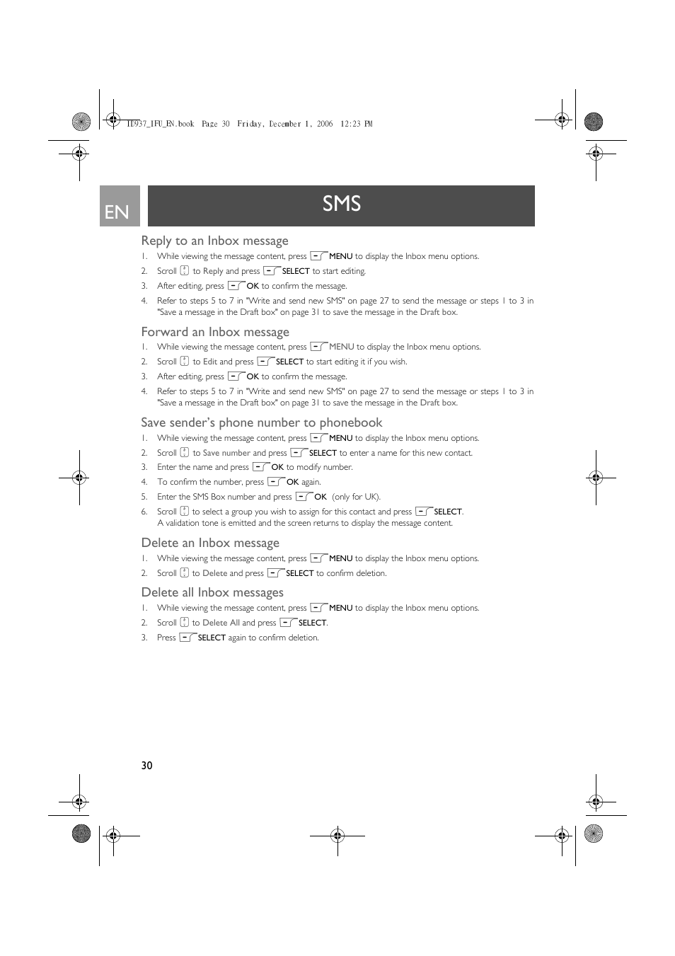 Reply to an inbox message, Forward an inbox message, Save sender’s phone number to phonebook | Delete an inbox message, Delete all inbox messages | Philips ID937 User Manual | Page 30 / 63