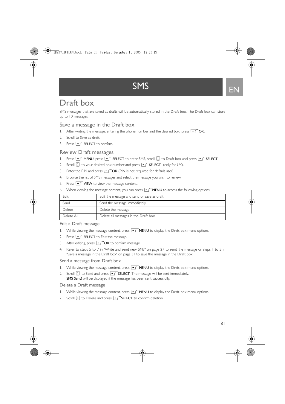 Draft box, Save a message in the draft box, Review draft messages | Philips ID937 User Manual | Page 31 / 63