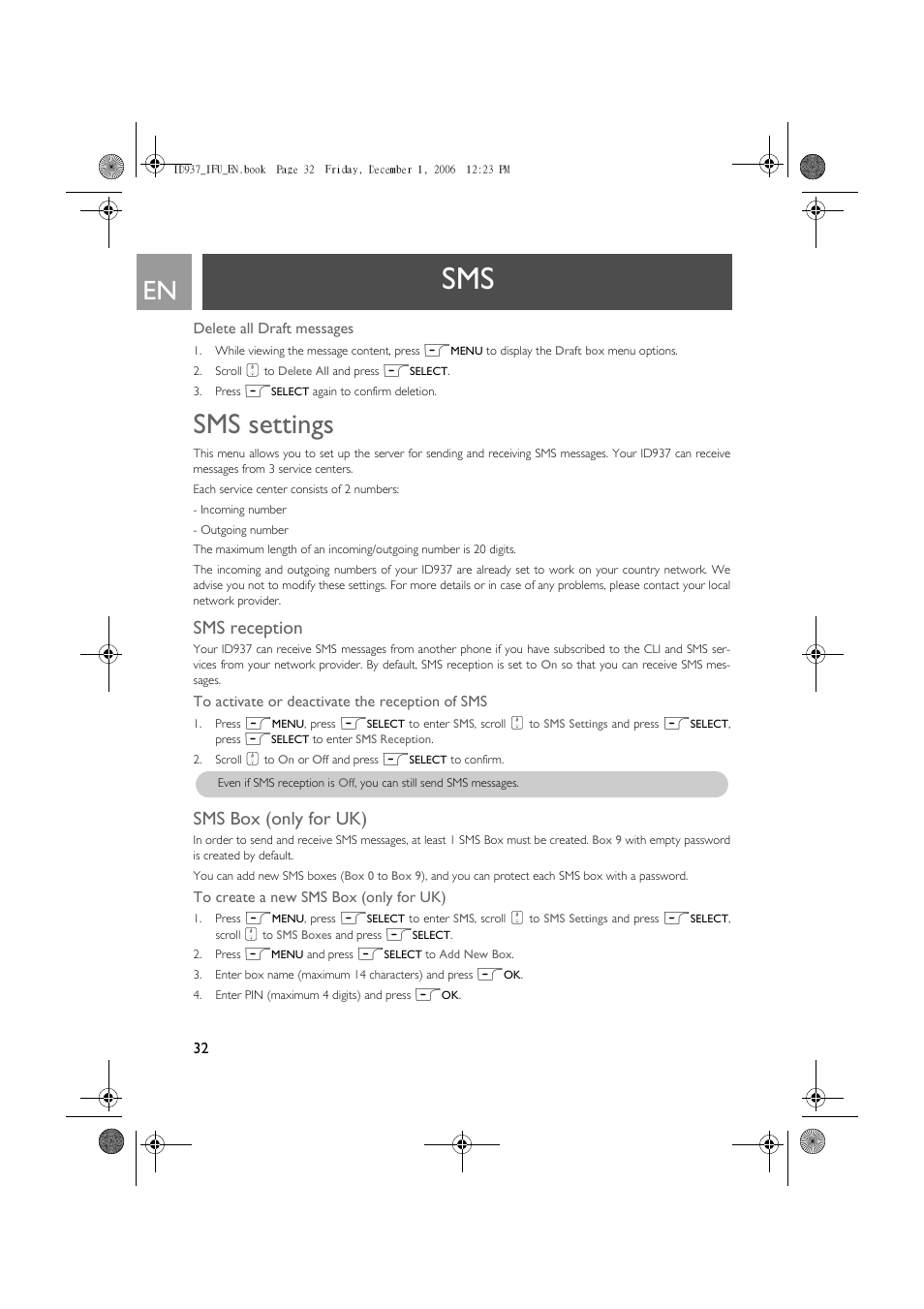 Sms settings, Sms reception, Sms box (only for uk) | Philips ID937 User Manual | Page 32 / 63