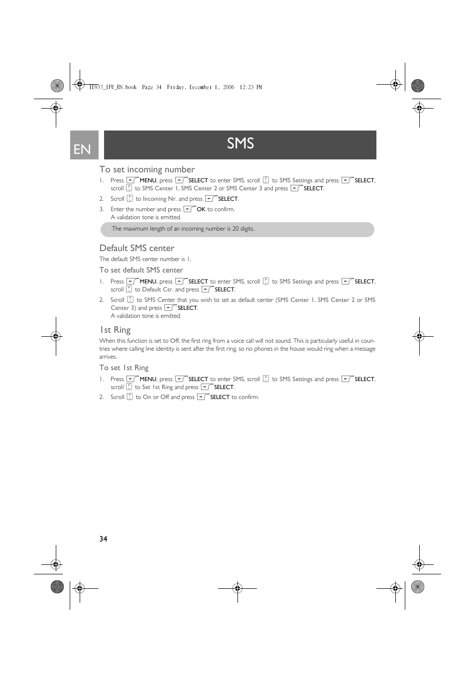 Default sms center, 1st ring | Philips ID937 User Manual | Page 34 / 63