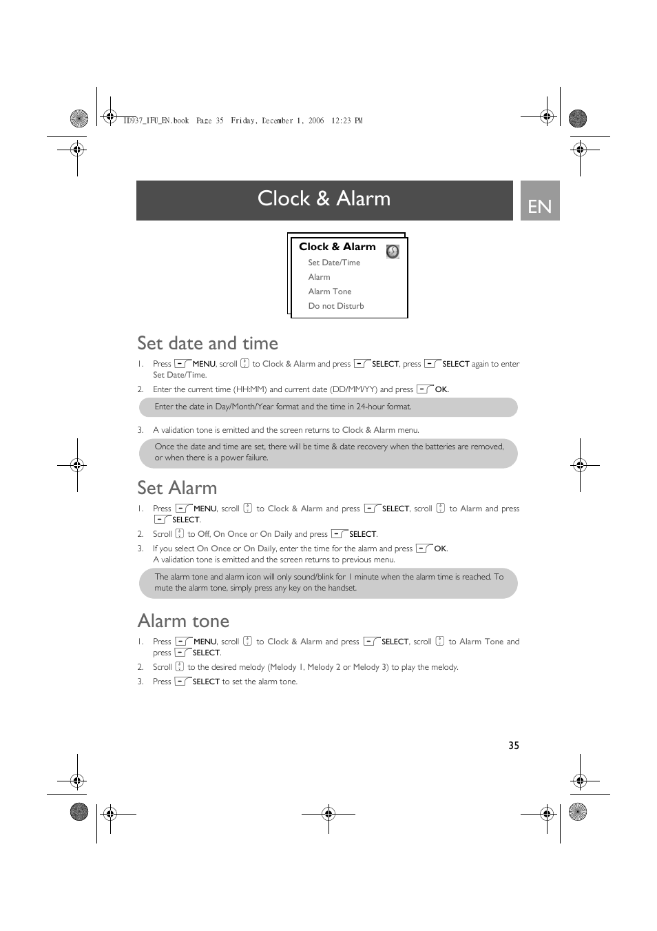 Clock & alarm, Set date and time, Set alarm | Alarm tone | Philips ID937 User Manual | Page 35 / 63