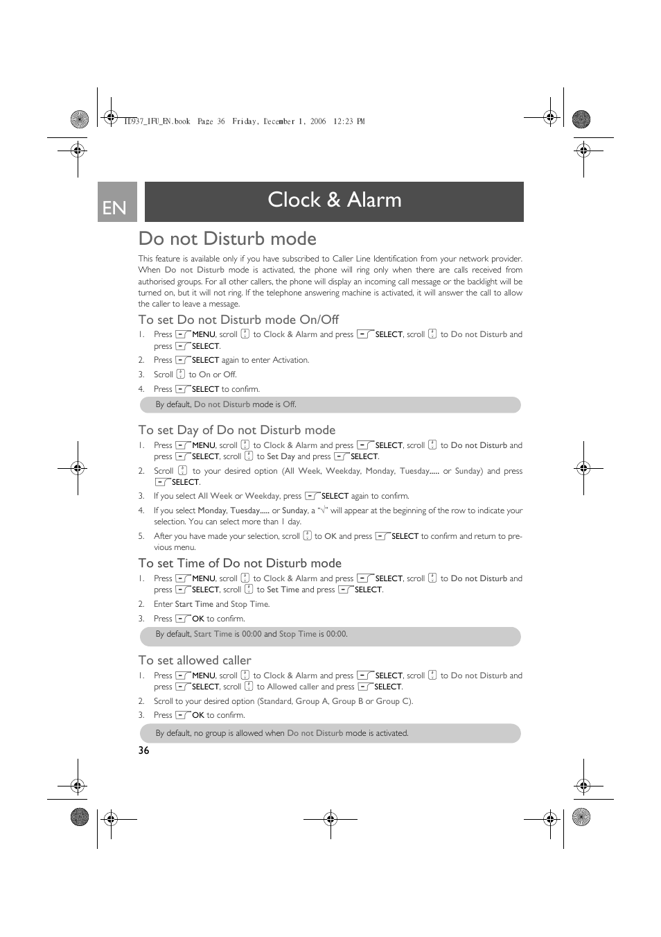 Clock & alarm, Do not disturb mode | Philips ID937 User Manual | Page 36 / 63