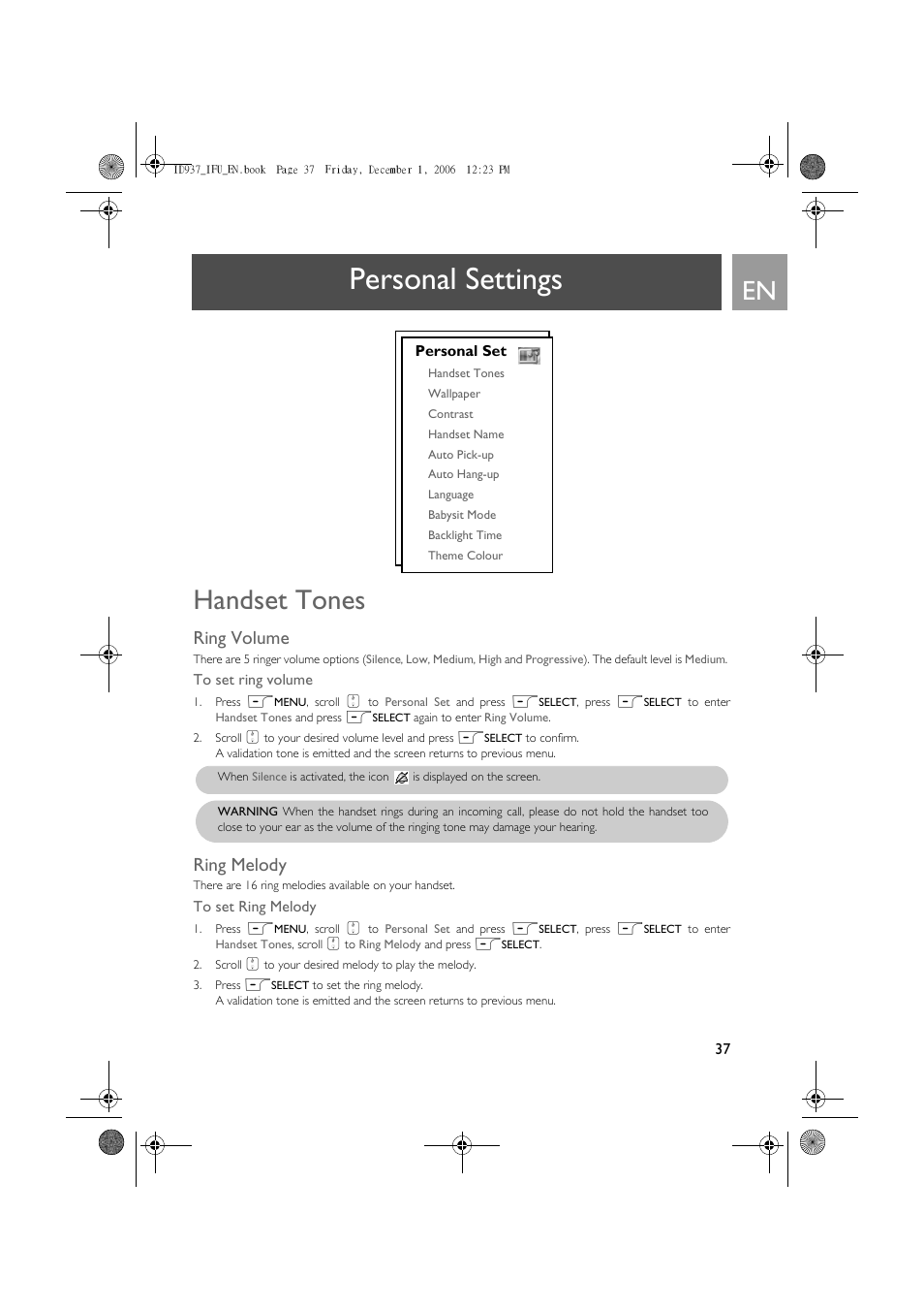 Personal settings, Handset tones, Ring volume | Ring melody | Philips ID937 User Manual | Page 37 / 63