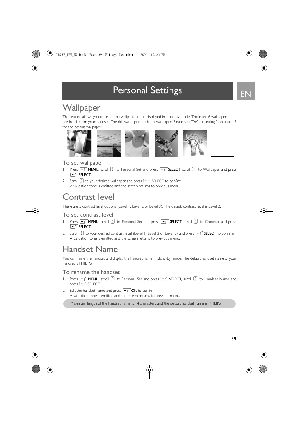 Personal settings, Wallpaper, Contrast level | Handset name | Philips ID937 User Manual | Page 39 / 63