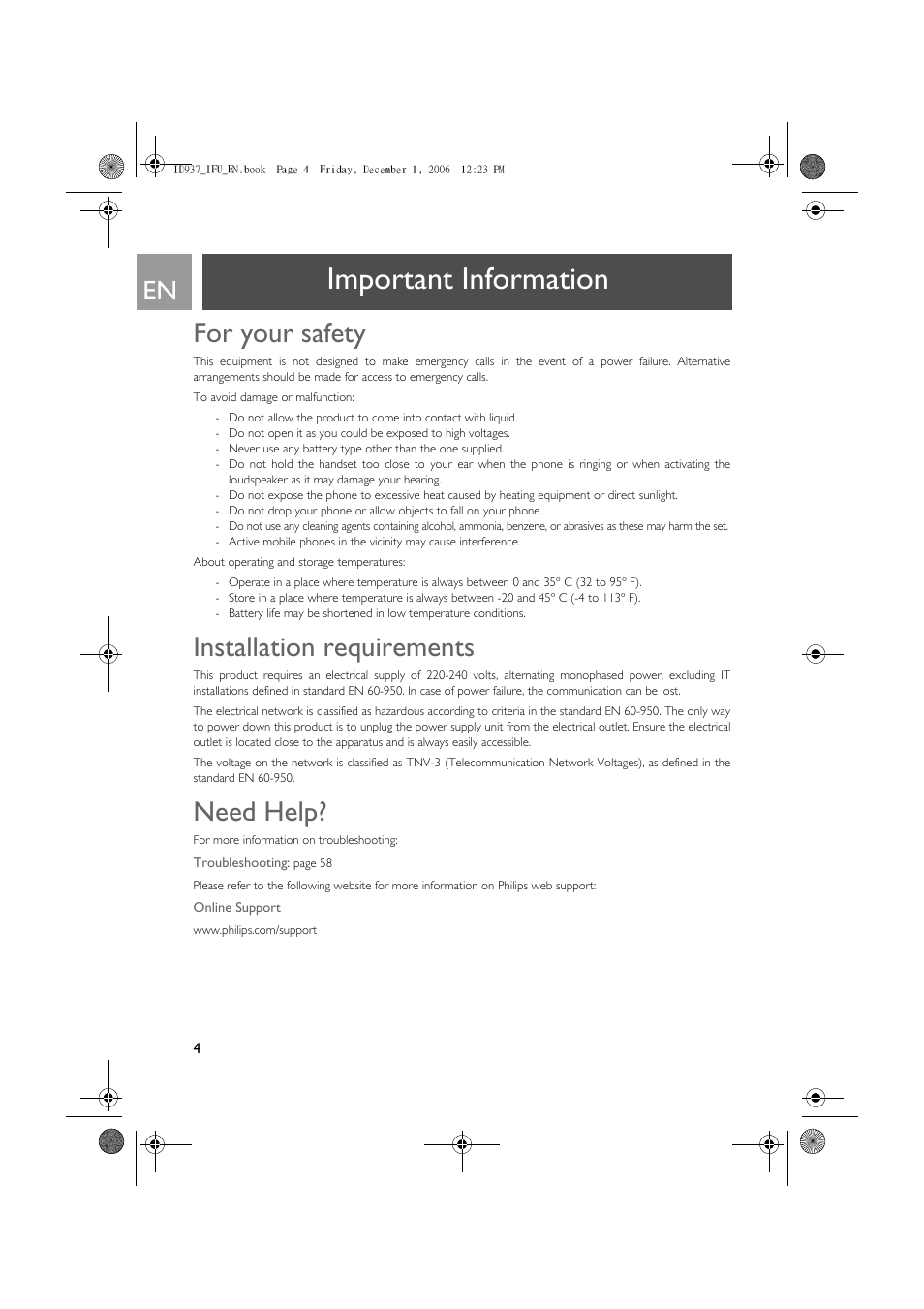 Important information, For your safety, Installation requirements | Need help | Philips ID937 User Manual | Page 4 / 63