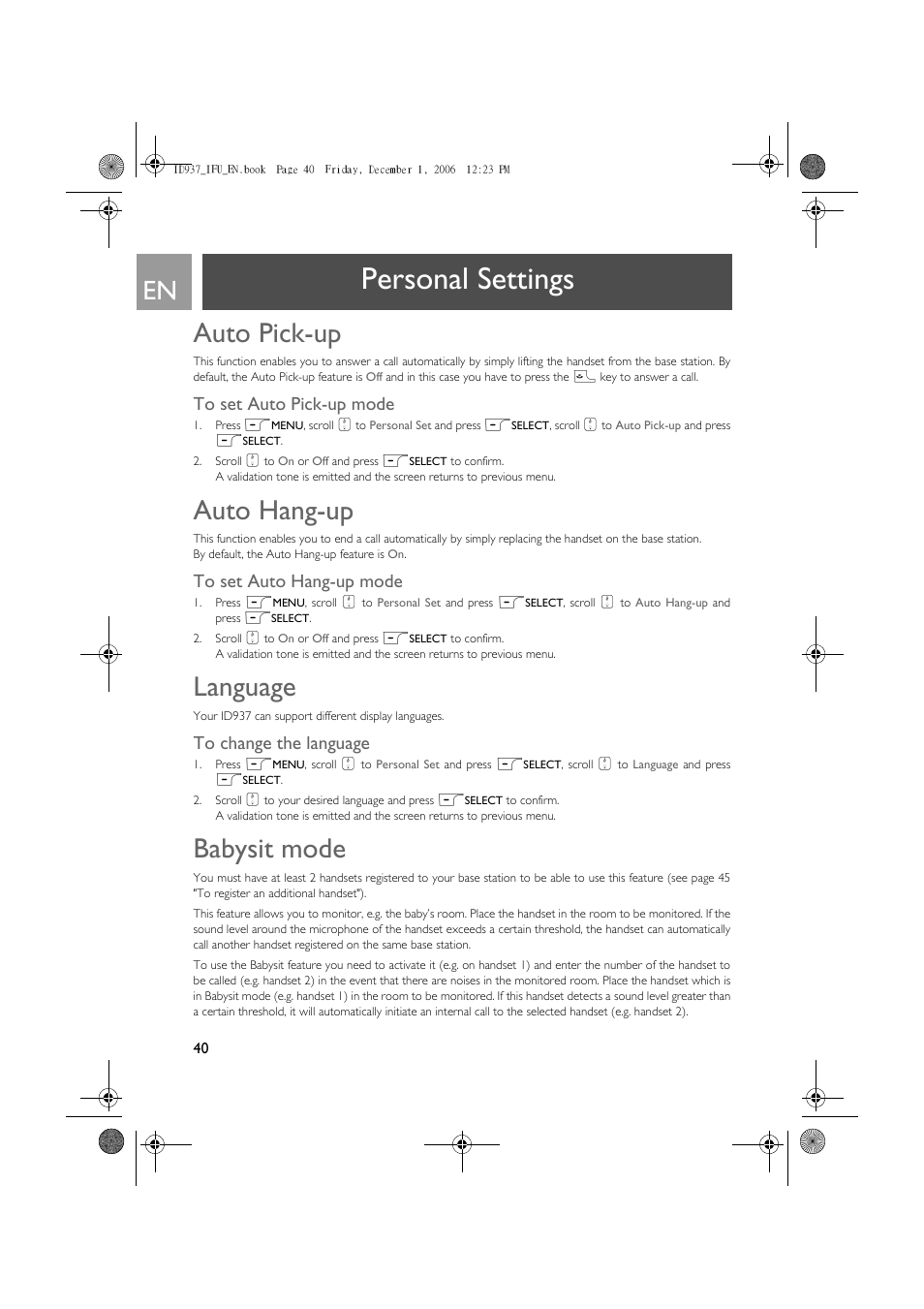 Personal settings, Auto pick-up, Auto hang-up | Language, Babysit mode | Philips ID937 User Manual | Page 40 / 63