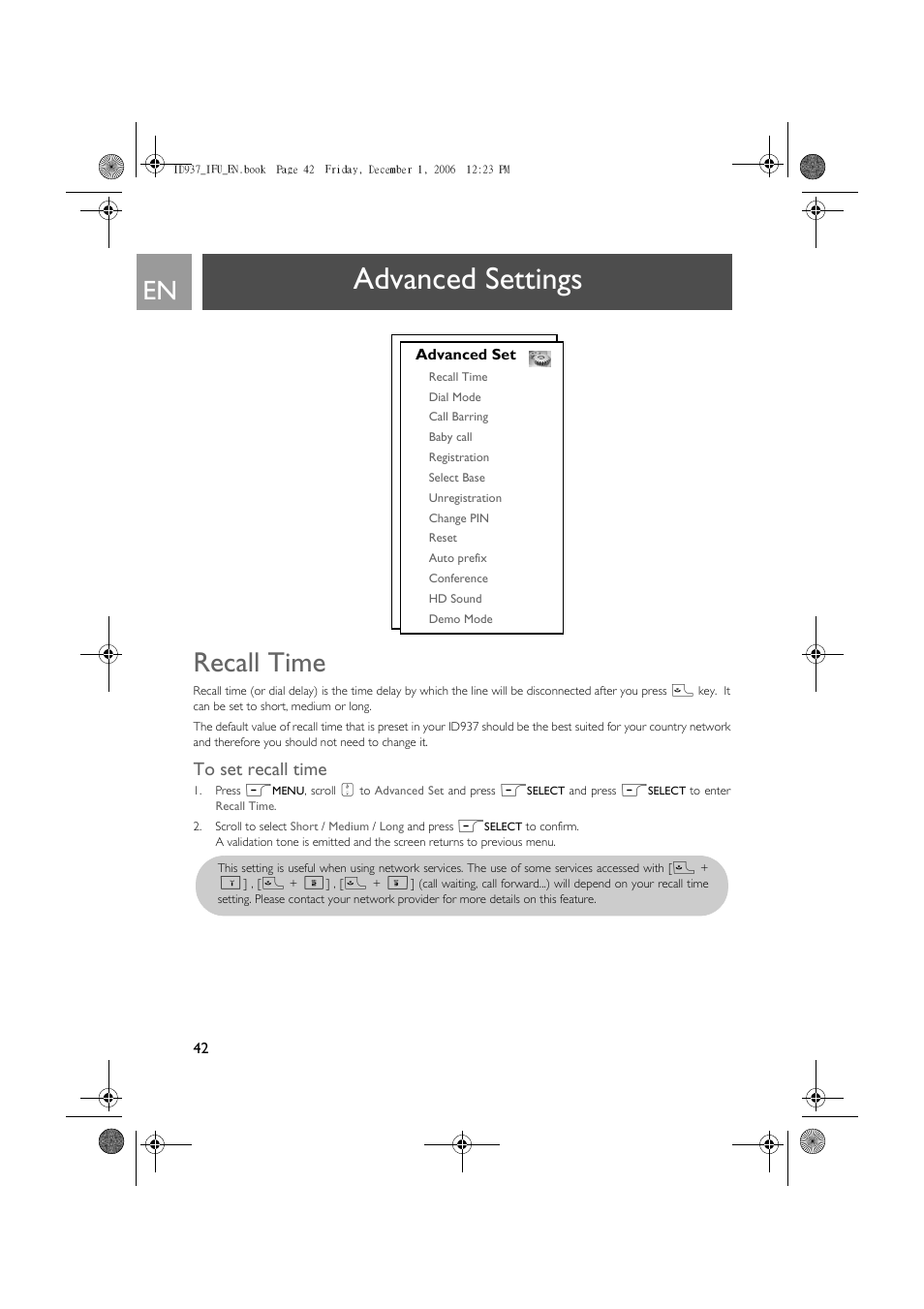 Advanced settings, Recall time | Philips ID937 User Manual | Page 42 / 63