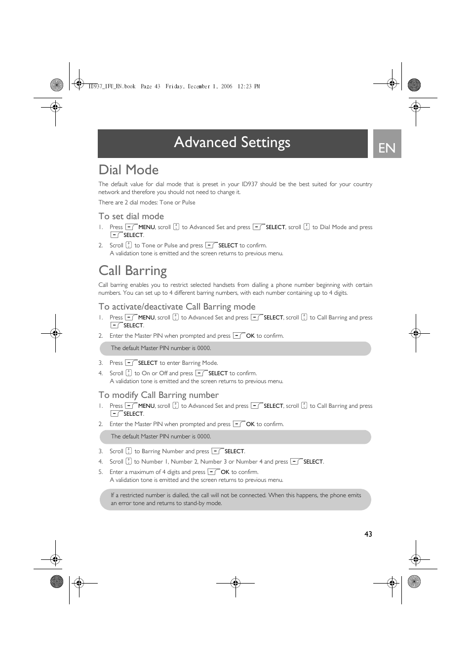 Advanced settings, Dial mode, Call barring | Philips ID937 User Manual | Page 43 / 63