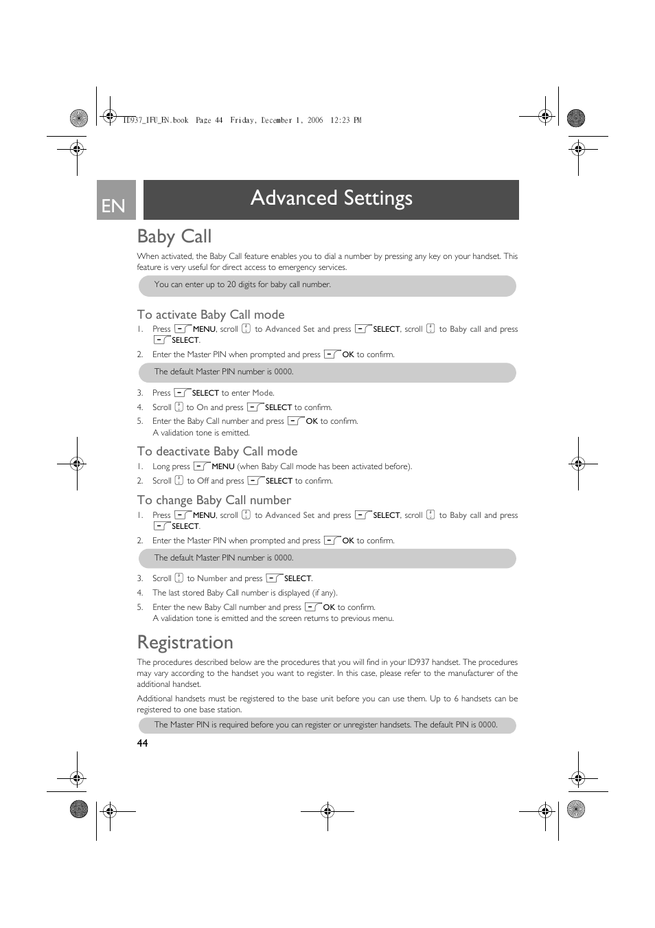 Advanced settings, Baby call, Registration | Philips ID937 User Manual | Page 44 / 63