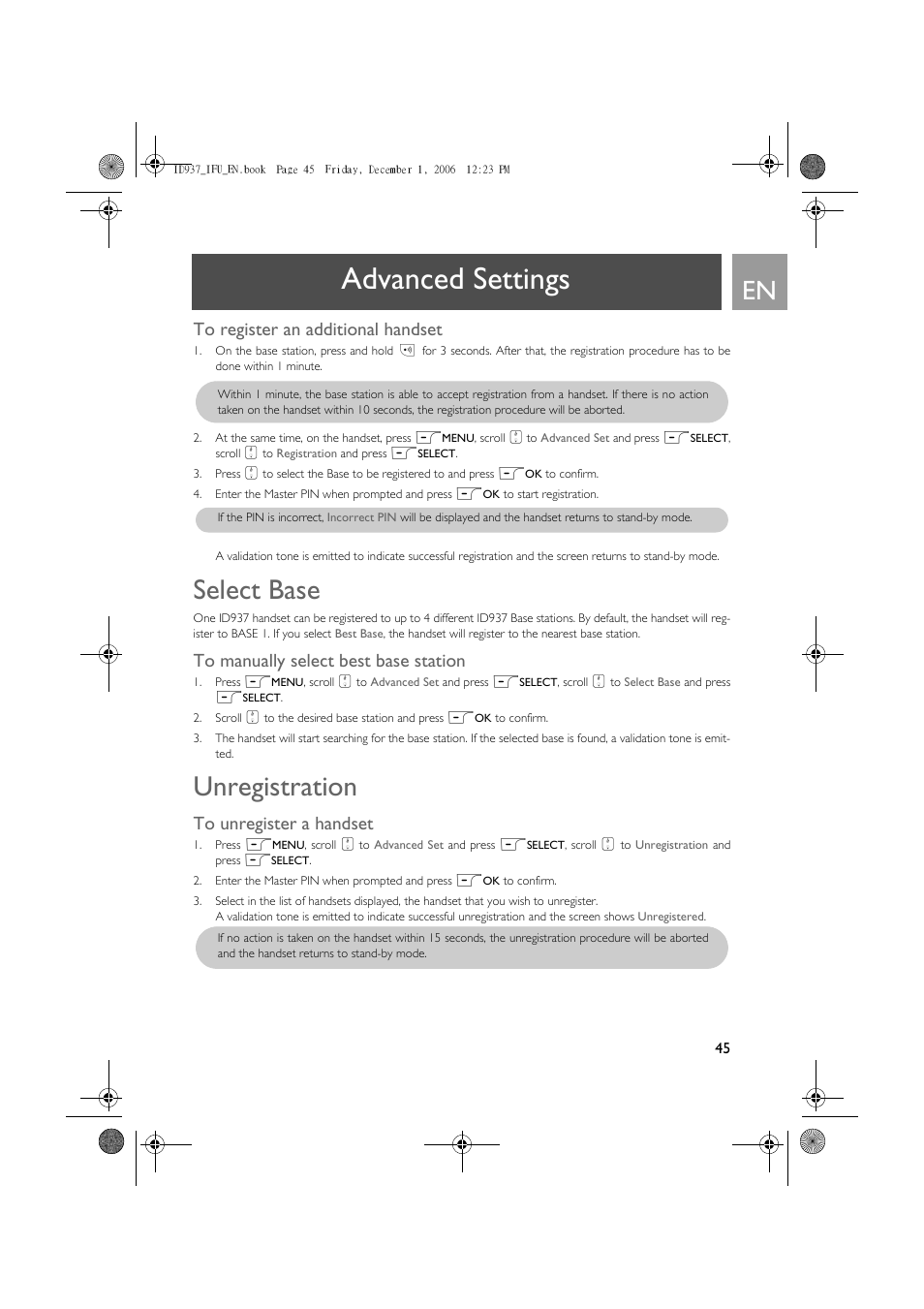 Advanced settings, Select base, Unregistration | Philips ID937 User Manual | Page 45 / 63