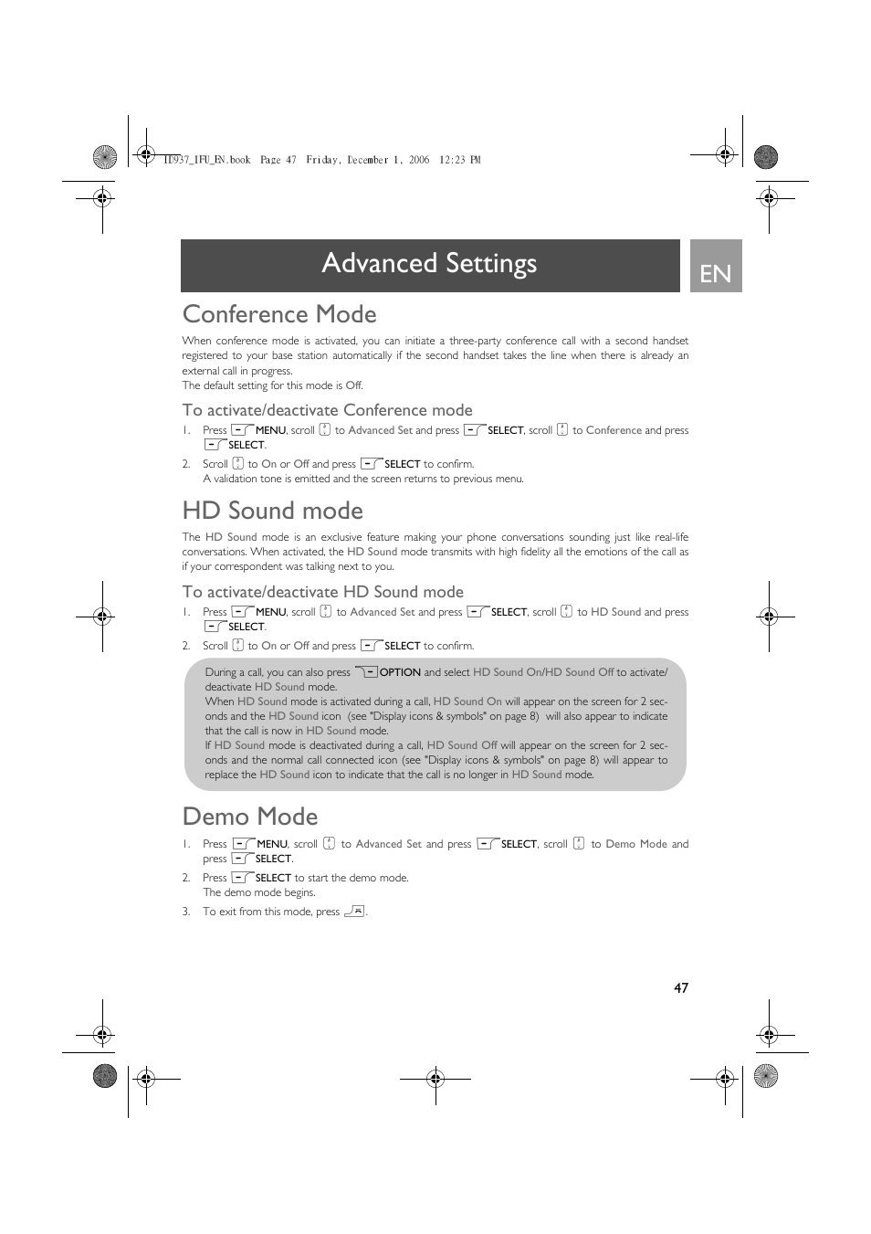 Advanced settings, Conference mode, Hd sound mode | Demo mode | Philips ID937 User Manual | Page 47 / 63