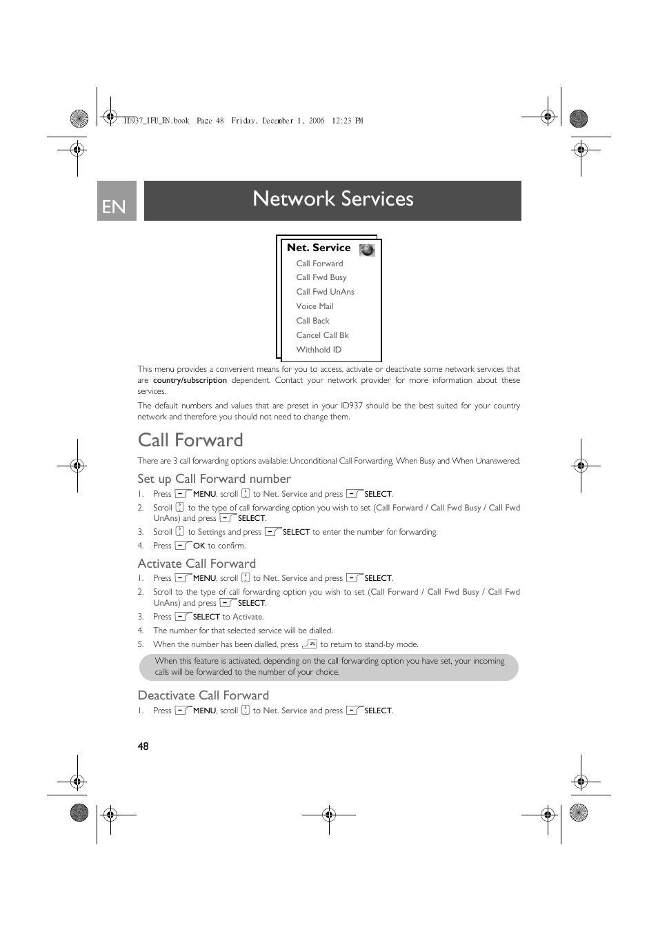 Network services, Call forward, Set up call forward number | Activate call forward, Deactivate call forward | Philips ID937 User Manual | Page 48 / 63