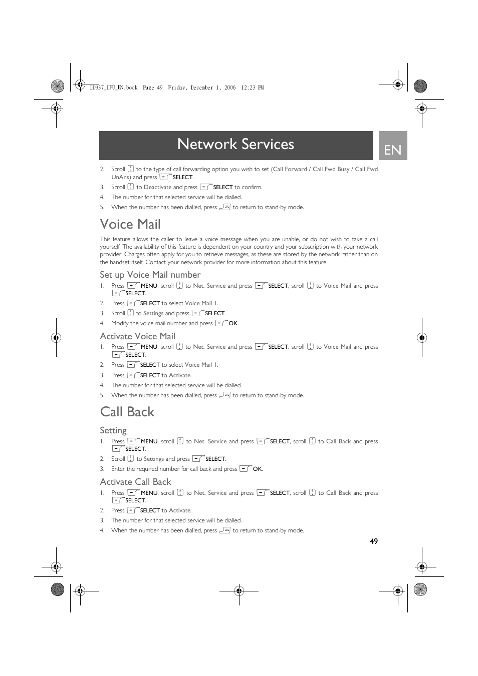 Network services, Voice mail, Call back | Set up voice mail number, Activate voice mail, Setting, Activate call back | Philips ID937 User Manual | Page 49 / 63