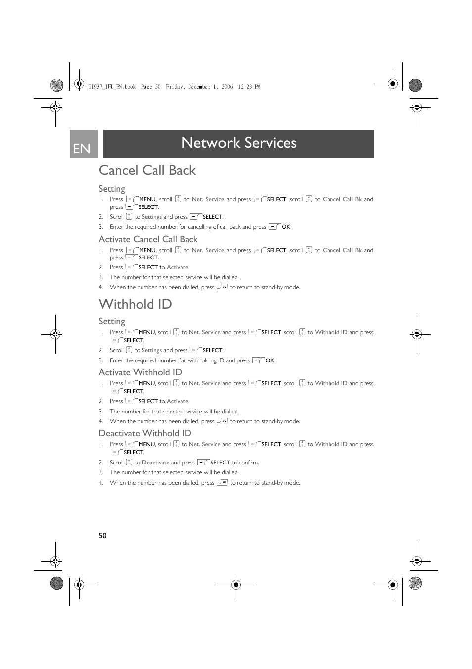 Network services, Cancel call back, Withhold id | Setting, Activate cancel call back, Activate withhold id, Deactivate withhold id | Philips ID937 User Manual | Page 50 / 63