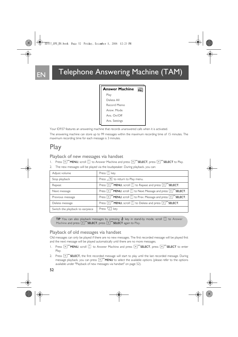 Telephone answering machine (tam), Play, Playback of new messages via handset | Playback of old messages via handset | Philips ID937 User Manual | Page 52 / 63