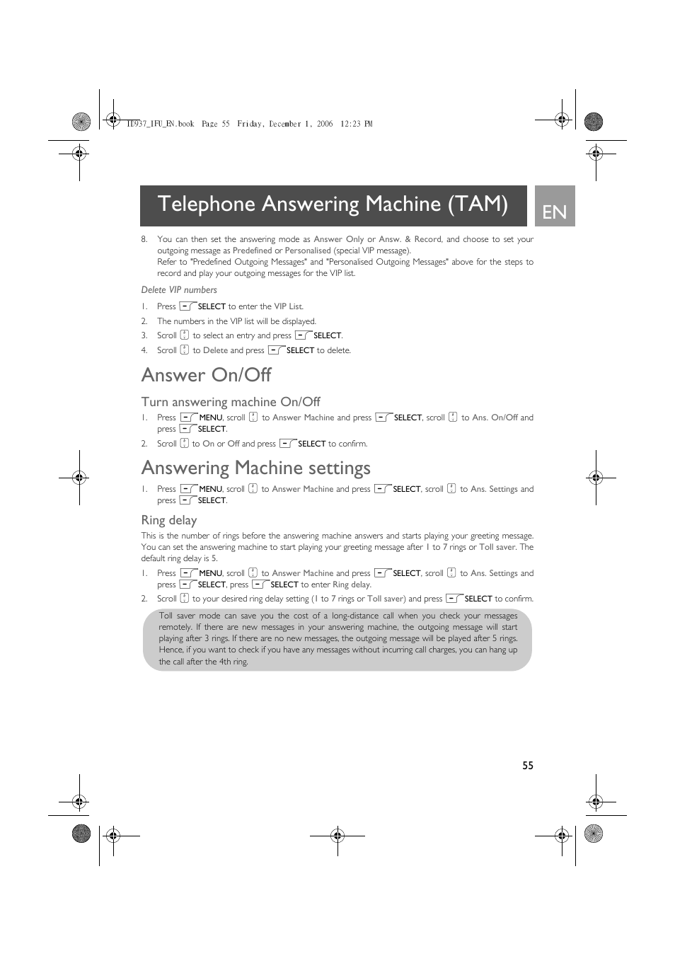 Telephone answering machine (tam), Answer on/off, Answering machine settings | Turn answering machine on/off, Ring delay | Philips ID937 User Manual | Page 55 / 63