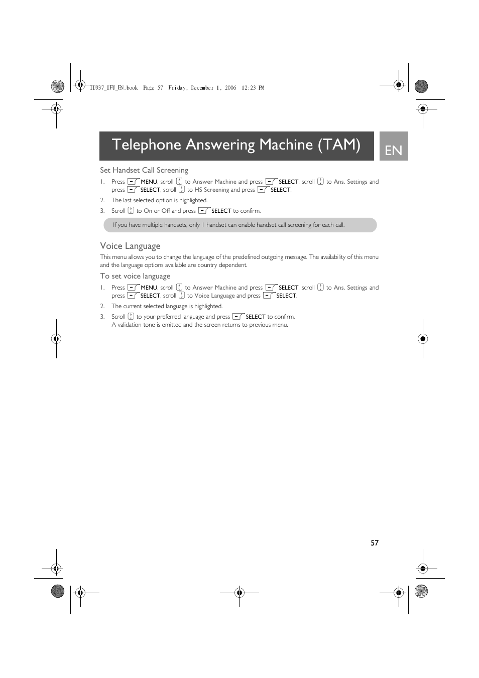 Telephone answering machine (tam), Voice language | Philips ID937 User Manual | Page 57 / 63