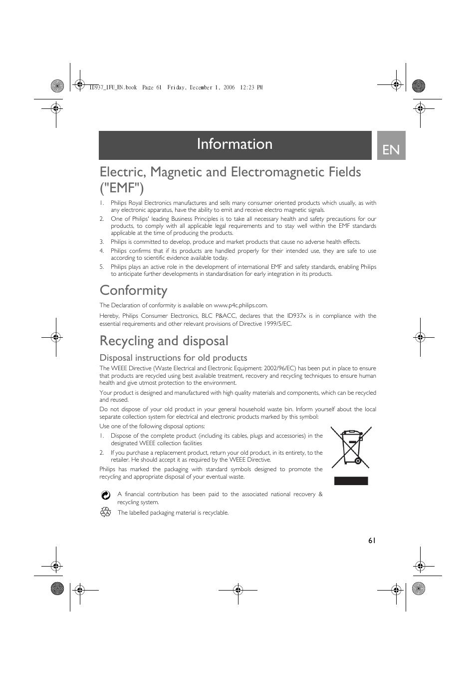 Information, Conformity, Recycling and disposal | Disposal instructions for old products | Philips ID937 User Manual | Page 61 / 63