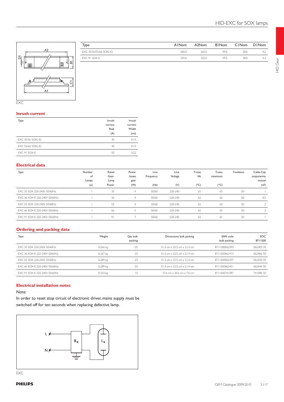 Hid-exc for sox lamps, Inrush current, Electrical data | Ordering and packing data | Philips 220-230-240V User Manual | Page 117 / 172