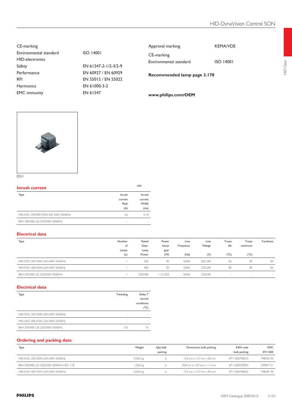 Hid-dynavision control son, Inrush current, Electrical data | Ordering and packing data | Philips 220-230-240V User Manual | Page 123 / 172