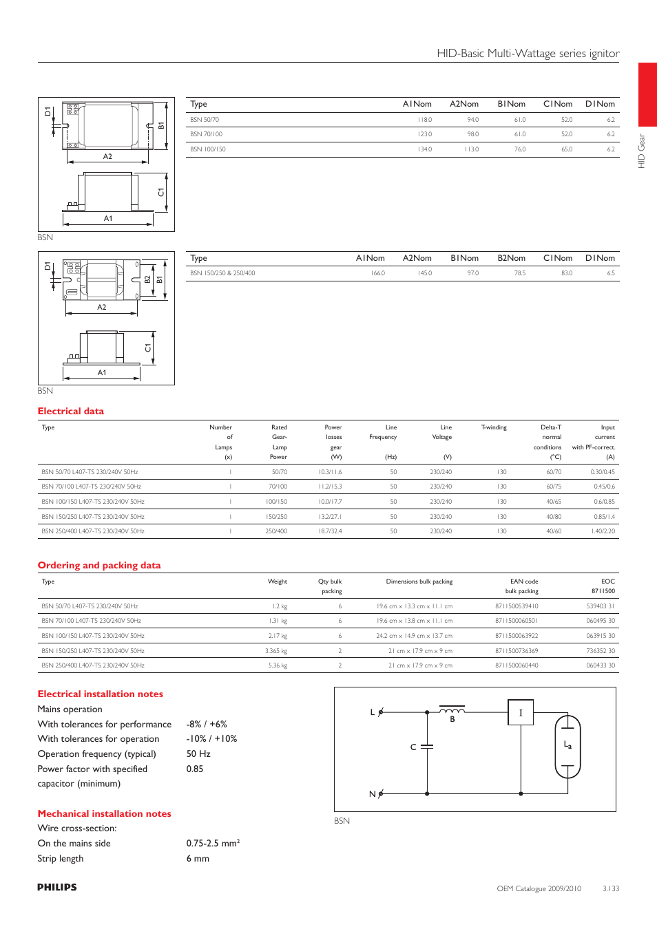 Hid-basic multi-wattage series ignitor, Electrical data, Strip length 6 mm | Philips 220-230-240V User Manual | Page 133 / 172