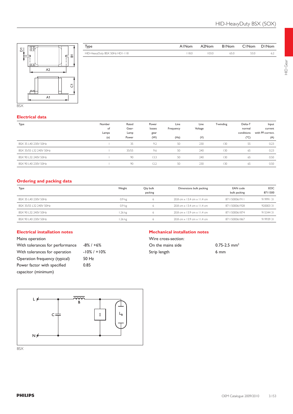 Hid-heavyduty bsx (sox), Electrical data, Ordering and packing data | Strip length 6 mm | Philips 220-230-240V User Manual | Page 153 / 172