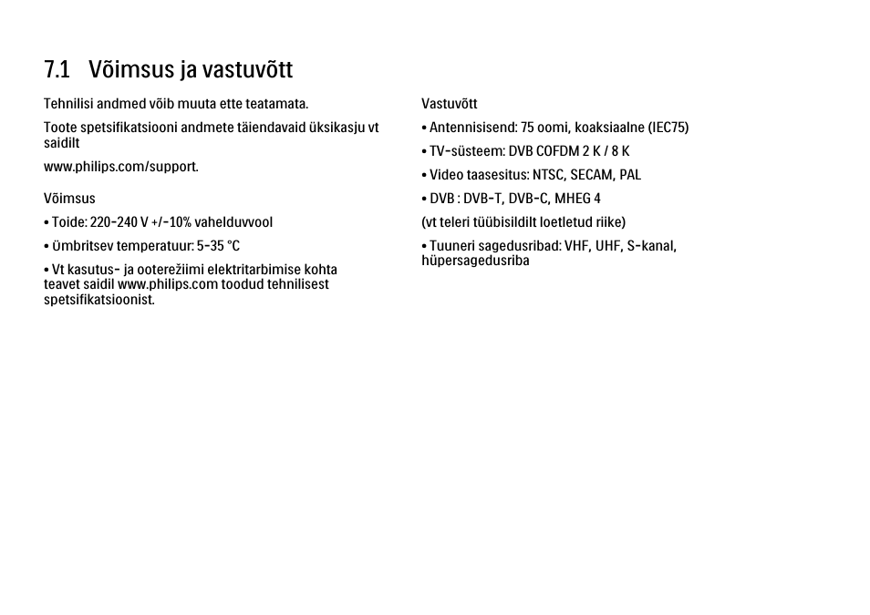 7 tehnilised andmed, 1 võimsus ja vastuvõtt | Philips 40PFL9704H User Manual | Page 252 / 265