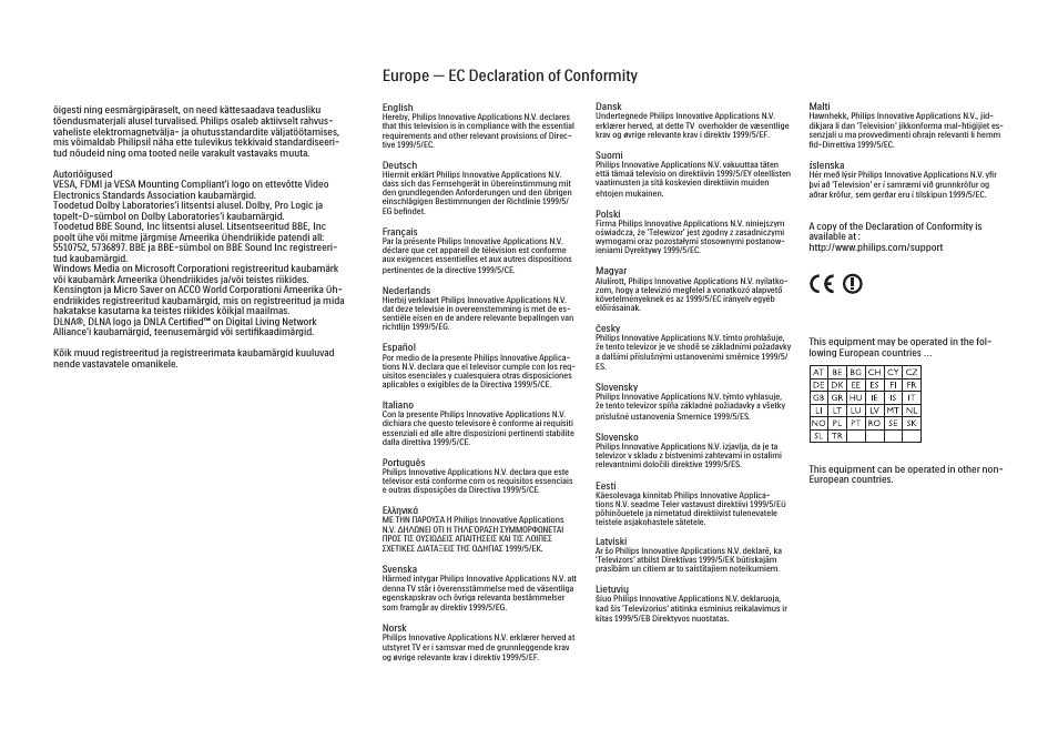 Europe — ec declaration of conformity | Philips 40PFL9704H User Manual | Page 261 / 265
