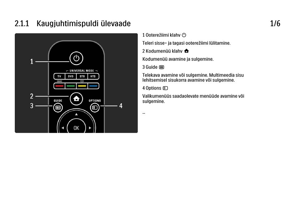 2 teleri kasutamine, 1 kaugjuhtimispult, 1 ülevaade | 1 kaugjuhtimispuldi ülevaade 1/6 | Philips 40PFL9704H User Manual | Page 40 / 265