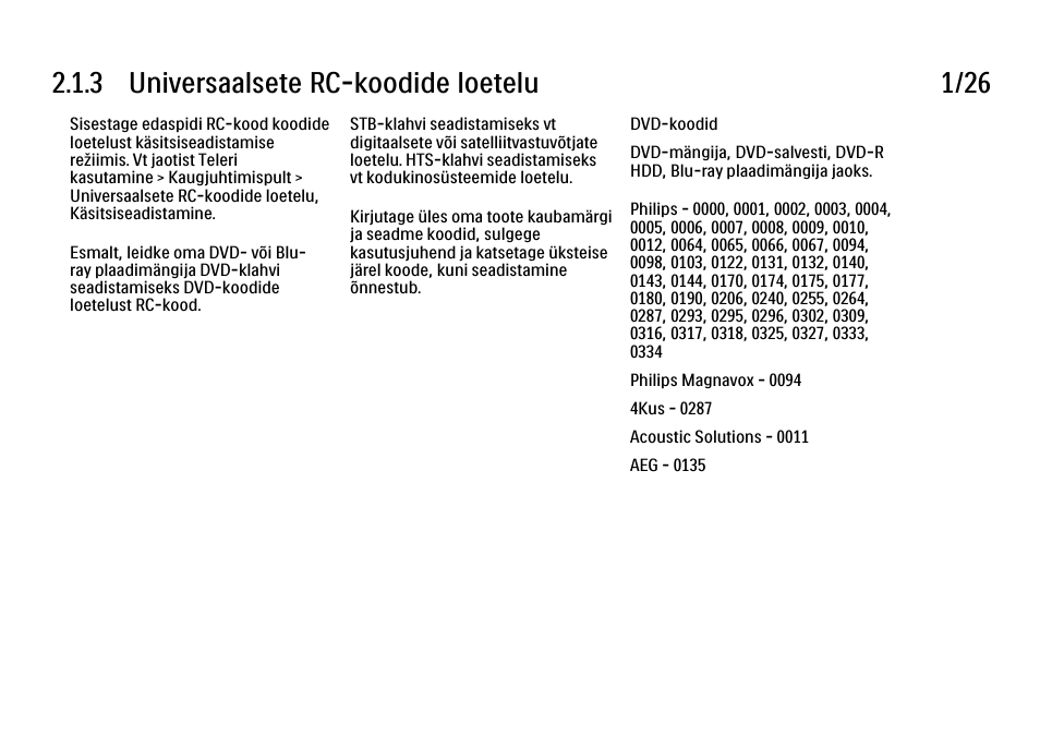 3 universaalsete rc-koodide loetelu, 3 universaalsete rc-koodide loetelu 1/26 | Philips 40PFL9704H User Manual | Page 50 / 265