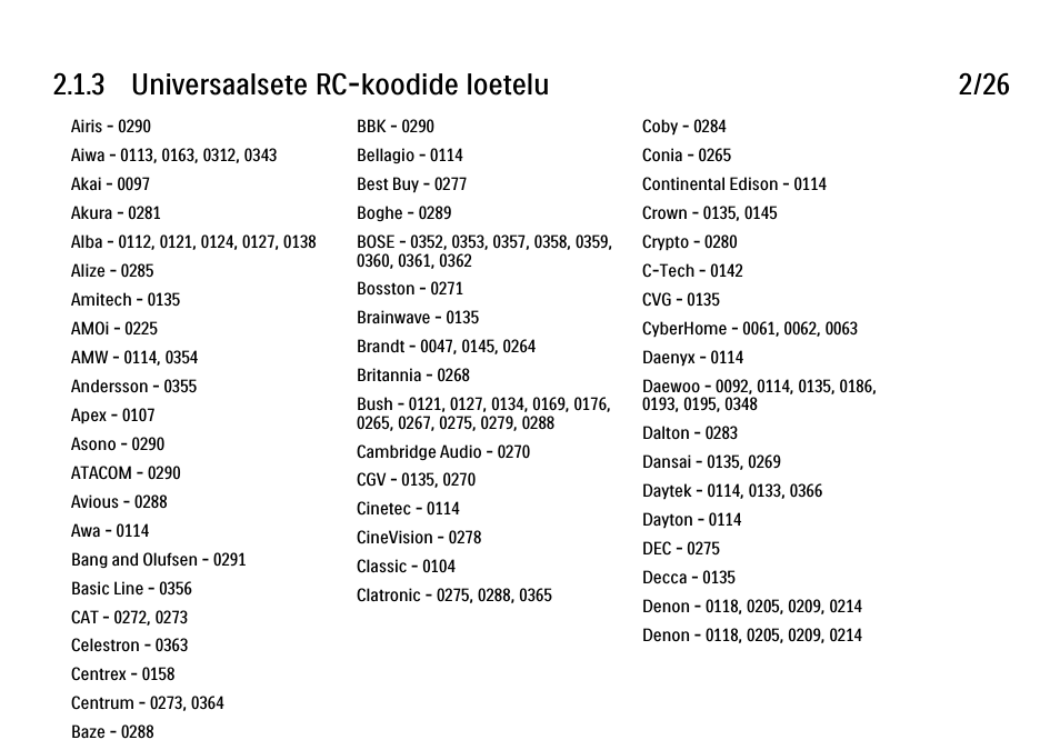 3 universaalsete rc-koodide loetelu 2/26 | Philips 40PFL9704H User Manual | Page 51 / 265