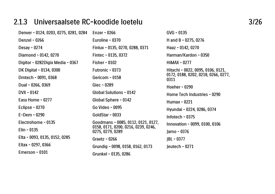 3 universaalsete rc-koodide loetelu 3/26 | Philips 40PFL9704H User Manual | Page 52 / 265