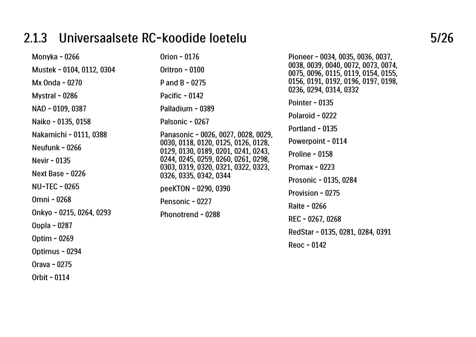 3 universaalsete rc-koodide loetelu 5/26 | Philips 40PFL9704H User Manual | Page 54 / 265