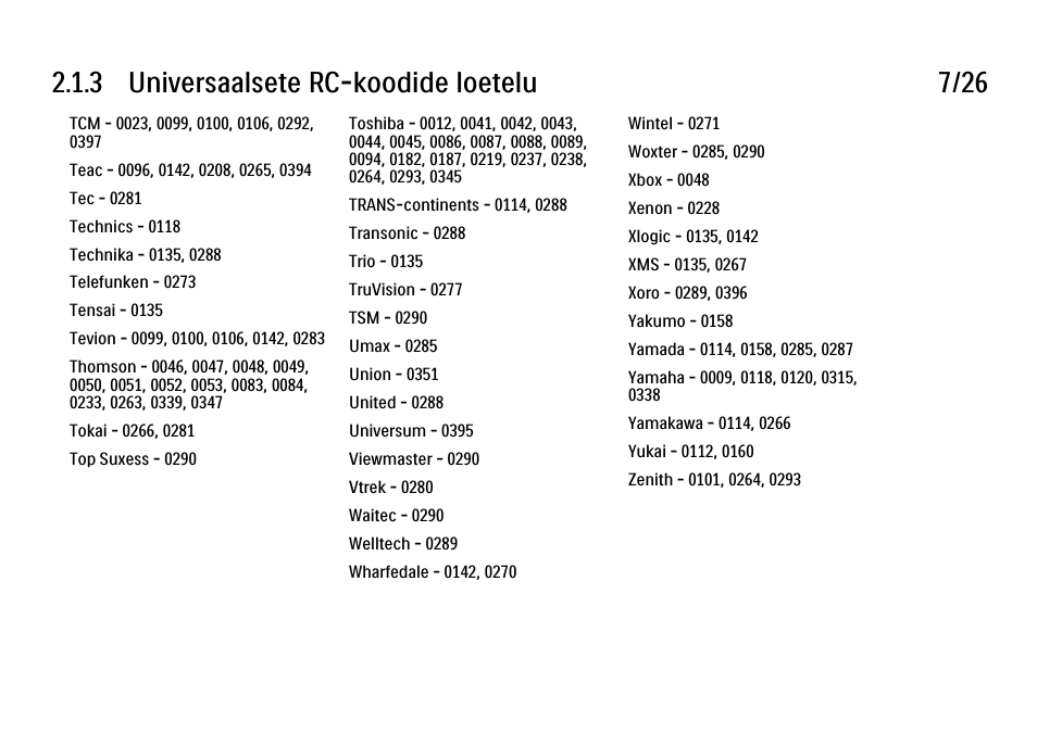 3 universaalsete rc-koodide loetelu 7/26 | Philips 40PFL9704H User Manual | Page 56 / 265