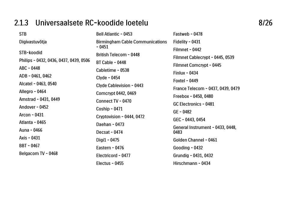 3 universaalsete rc-koodide loetelu 8/26 | Philips 40PFL9704H User Manual | Page 57 / 265
