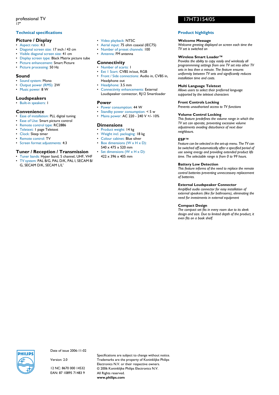 For preview purpose only | Philips 17HT3154 User Manual | Page 2 / 2