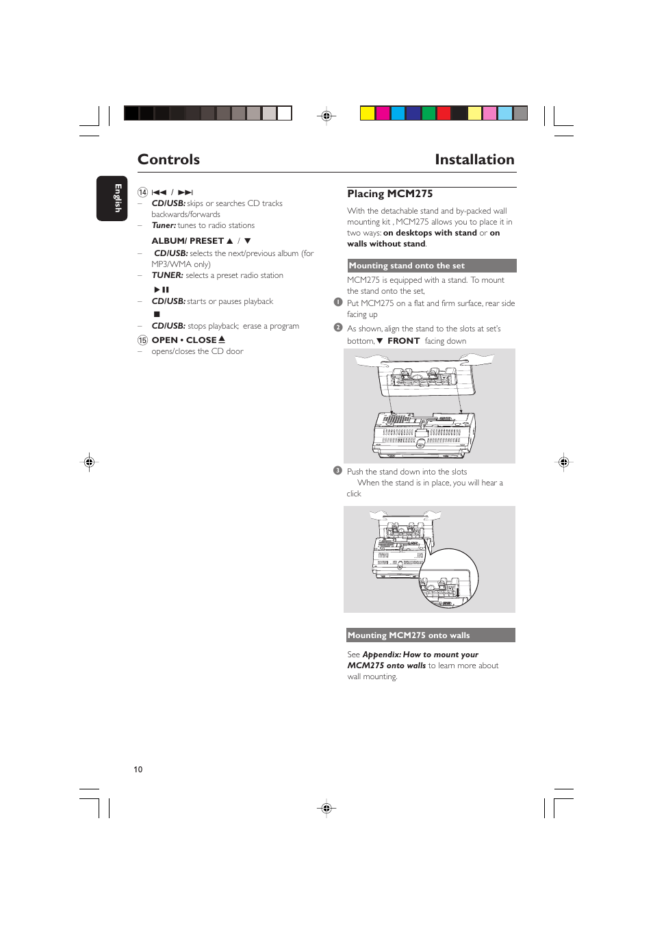 Controls installation, Placing mcm275 | Philips MCM275 User Manual | Page 10 / 28