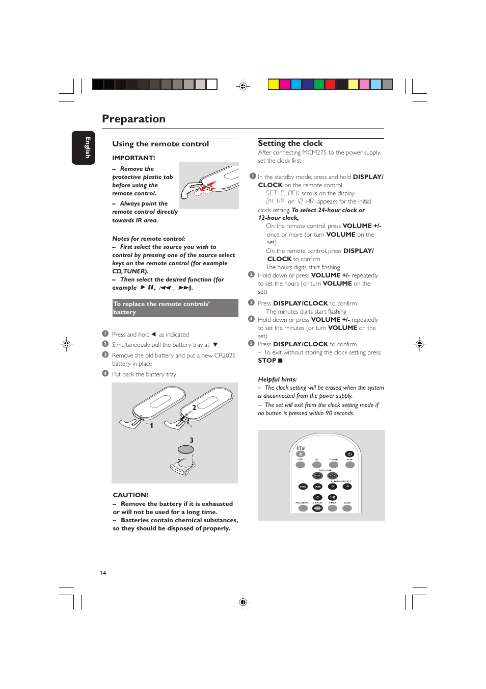 Preparation, Setting the clock, Using the remote control | Philips MCM275 User Manual | Page 14 / 28