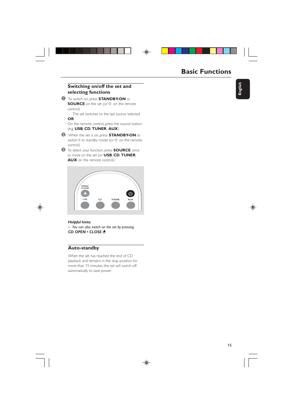 Basic functions, Switching on/off the set and selecting functions 1, Auto-standby | Philips MCM275 User Manual | Page 15 / 28