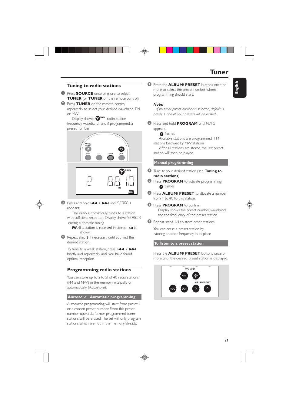 Tuner, Tuning to radio stations 1, Programming radio stations | Philips MCM275 User Manual | Page 21 / 28