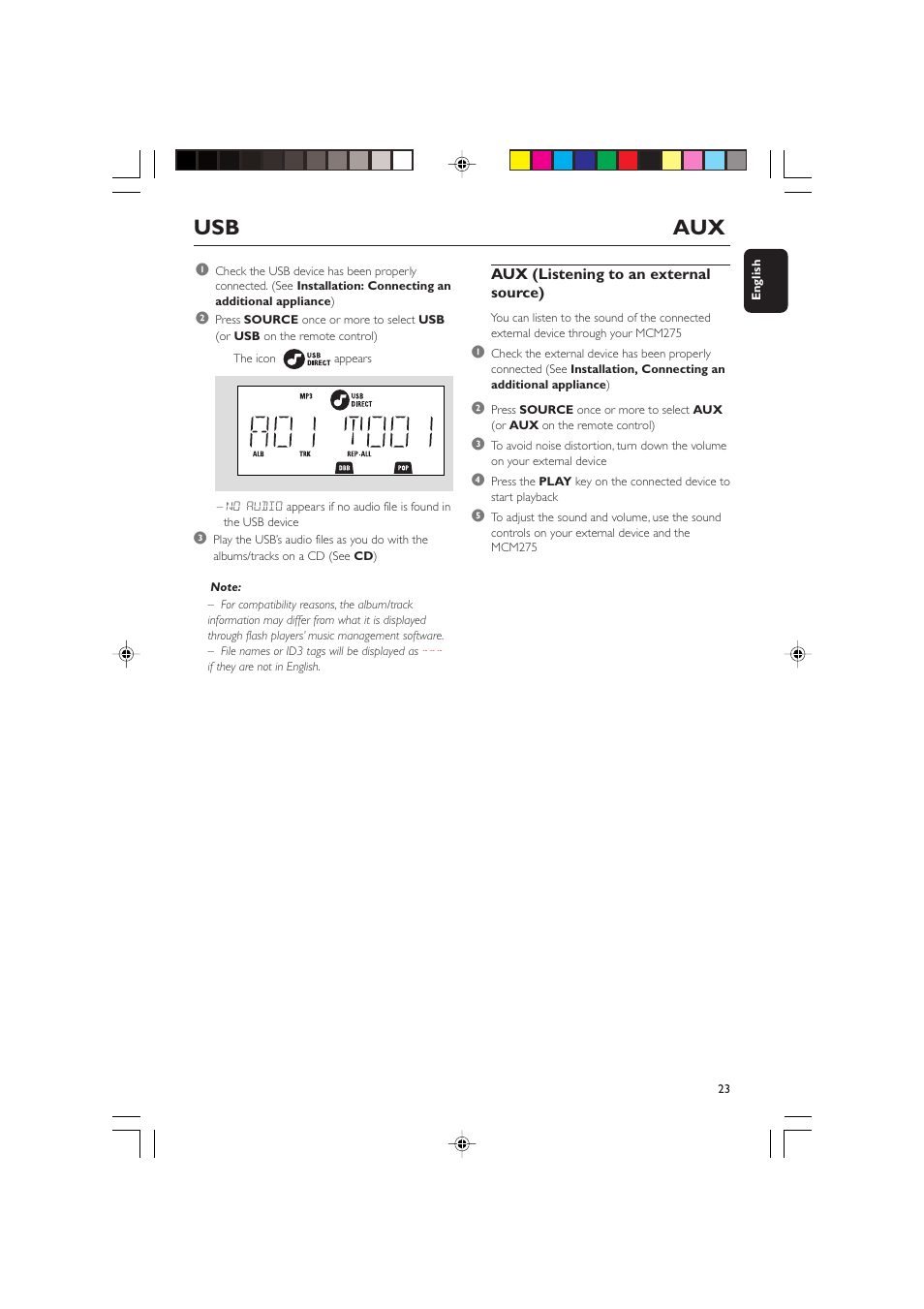 Usb aux | Philips MCM275 User Manual | Page 23 / 28