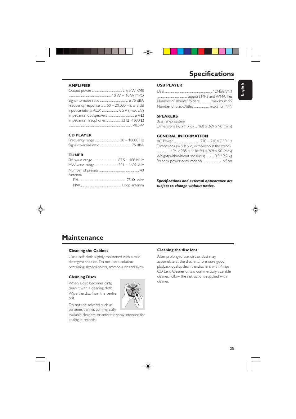 Maintenance specifications | Philips MCM275 User Manual | Page 25 / 28
