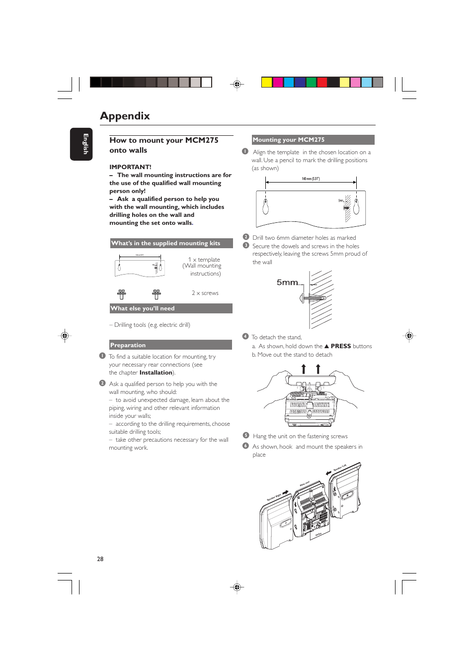 Appendix, How to mount your mcm275 onto walls | Philips MCM275 User Manual | Page 28 / 28