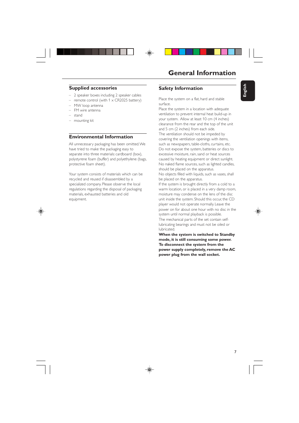 General information, Supplied accessories, Environmental information | Safety information | Philips MCM275 User Manual | Page 7 / 28