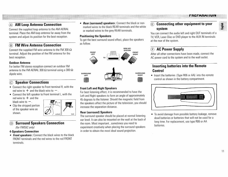 Am loop antenna connection, B) fm wire antenna connection, C) speaker connections | D) surround speakers connection, D connecting other equipment to your system, 0 ac power supply, Inserting batteries into the remote control, Rncmnmiiui | Philips FW45C User Manual | Page 11 / 80